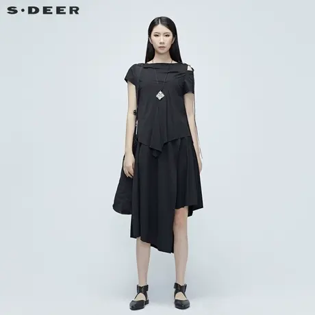 sdeer圣迪奥女装夏季裙子女设计感黑色飘带假两件连衣裙S20281228商品大图