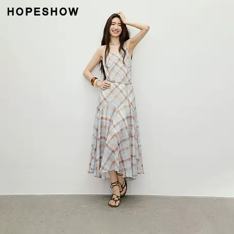 红袖2025秋季新款女装【海盐可露丽】格纹插片拼接中长吊带裙图片