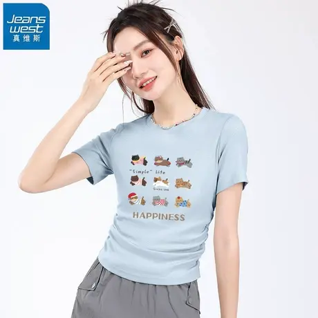 KHV真维斯蓝色短袖t恤女2025夏季新款紧身掐腰设计感短款正肩上衣图片