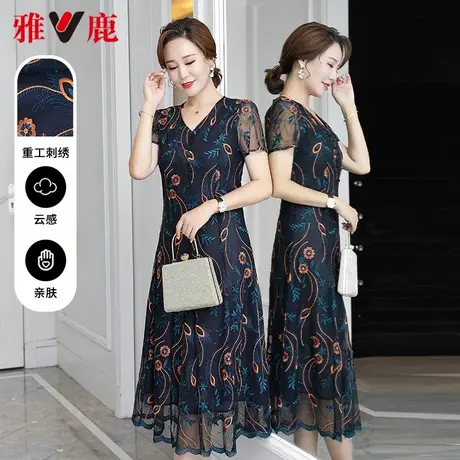 雅鹿妈妈夏装连衣裙2024新款洋气百搭短袖气质雪纺长裙中老年女款商品大图
