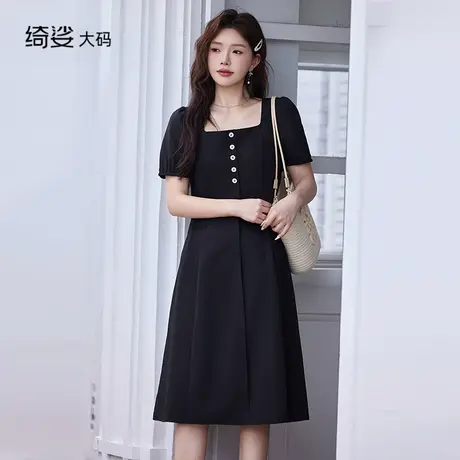绮娑法式女装夏新款方领收腰过膝小黑裙高级感气质大码胖MM连衣裙商品大图