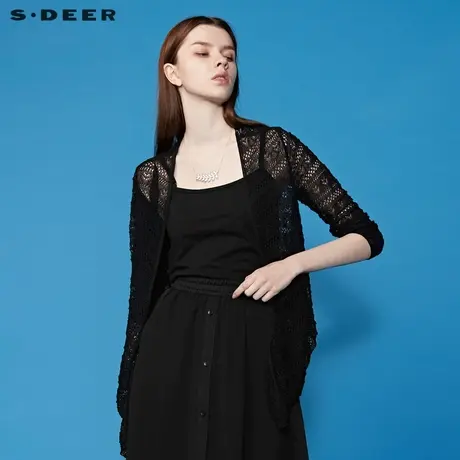 sdeer圣迪奥女夏季慵懒风开襟钩花不规则纯色针织衫S20263504图片