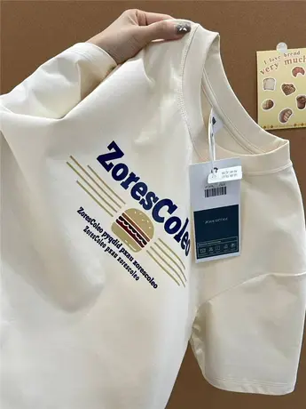 美式复古杏色短袖T恤女春夏2024年新款爆款宽松学生半袖纯棉上衣图片