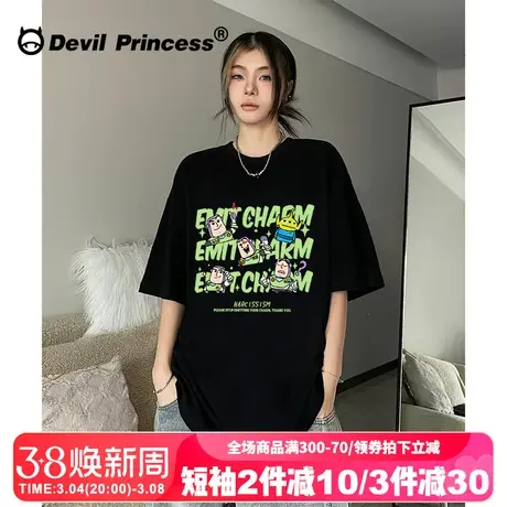 hiphop街头风小众卡通潮牌黑色短袖女t恤大版宽松无性别穿搭上衣图片