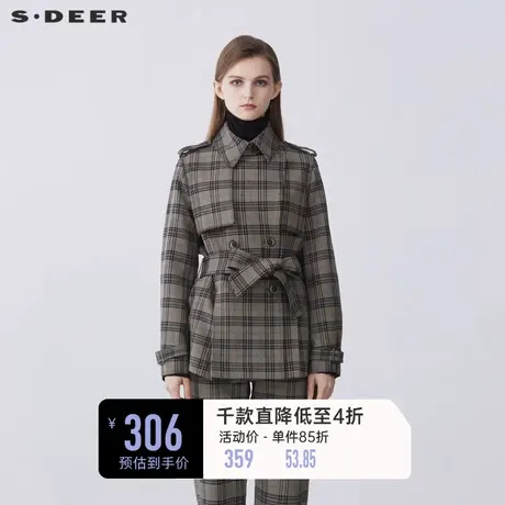 【商场同款】sdeer圣迪奥英伦风撞色格纹收腰短款风衣S21381708图片