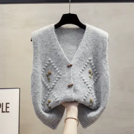 手工花开衫v领针织马甲背心女2025春秋新款宽松外穿马夹毛衣坎肩商品大图