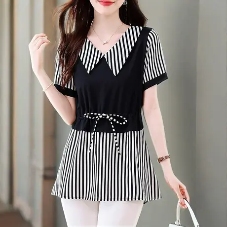 时尚条纹假两件短袖T恤女2025夏新款大码中长款夏装洋气妈妈上衣商品大图
