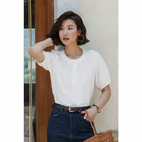 弥古白色法式上衣小众不撞款短袖纯棉衬衣女款夏季薄款高级感女装商品大图