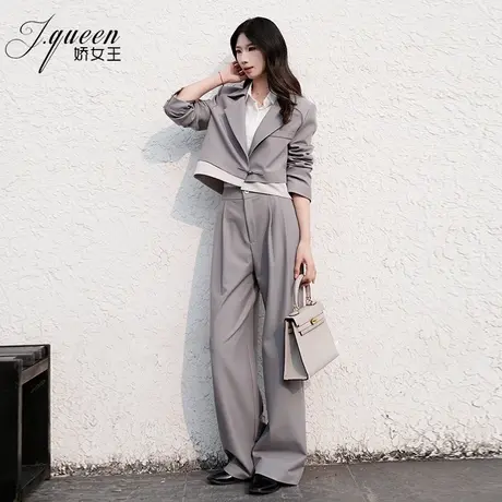 原创短款西装长裤套装女春秋季灰色设计感小众轻职场阔腿裤两件套商品大图