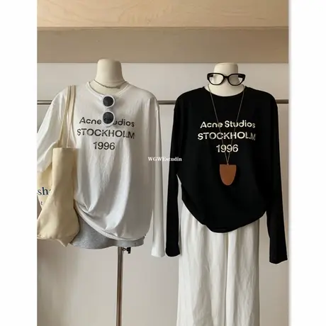 2024十三行早秋新款字母内搭宽松休闲百搭长袖T恤女打底衫上衣服商品大图