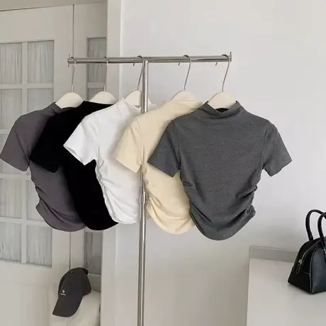 chic甜辣半高领短袖T恤女夏季韩版修身短款小个子紧身收腰上衣商品大图