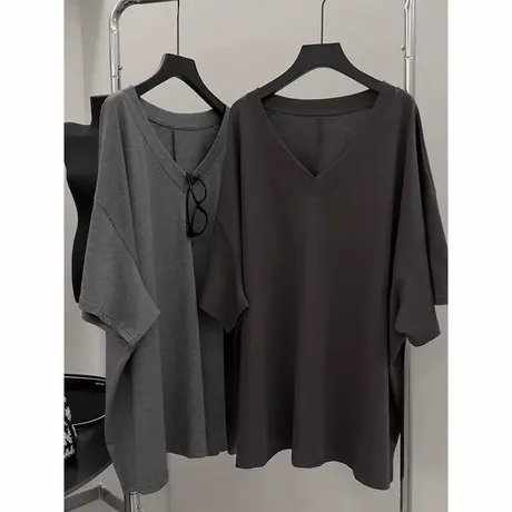 大领口V领短袖T恤女夏季韩版宽松大码中长款打底衫慵懒风纯棉上衣商品大图