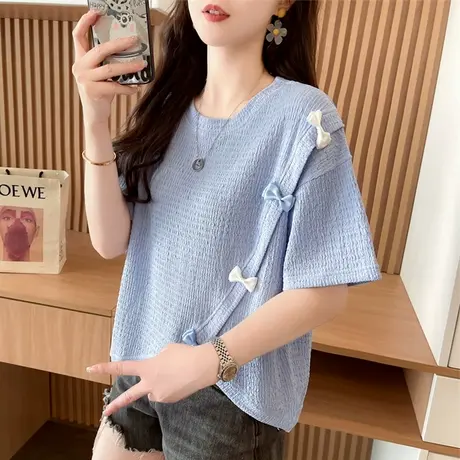 不规则开叉蝴蝶结短袖t恤女夏季韩版宽松设计感小众初中生上衣服商品大图