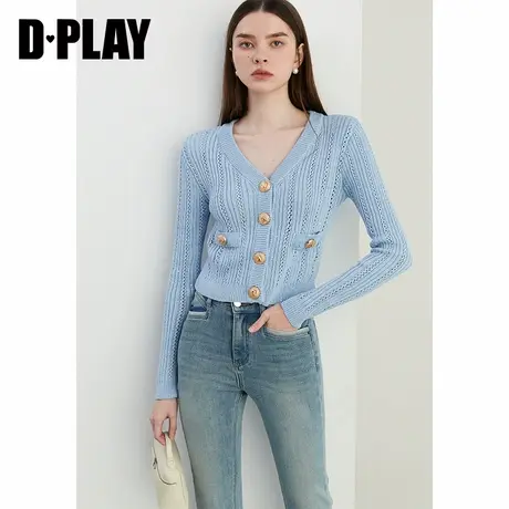 DPLAY【惠品】秋季通勤风v领蓝色针织开衫气质外套上衣女商品大图
