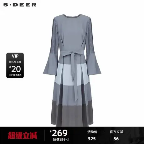 sdeer圣迪奥女装秋圆领压褶喇叭袖收腰撞色连衣裙S233Z12F3商品大图