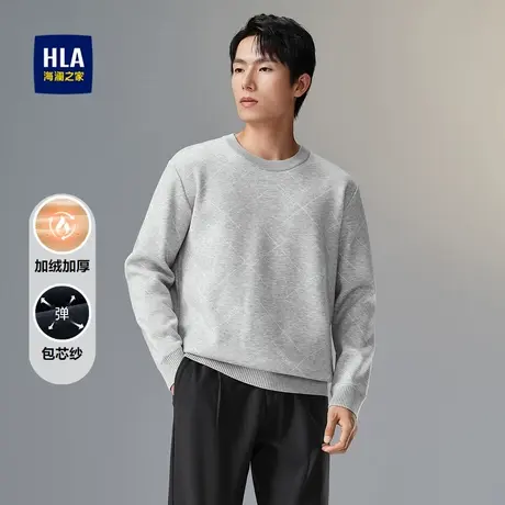 HLA/海澜之家加绒加厚针织衫秋冬满身提花宽松包芯纱保暖毛衣男商品大图
