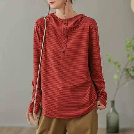 dza 复古纯棉连帽T恤女秋冬洋气漂亮内搭打底衫宽松显瘦条纹上衣图片