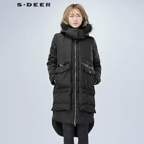 sdeer圣迪奥2018冬装廓形多层开衩毛领连帽长款羽绒服女S16482468图片