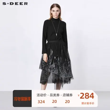 sdeer圣迪奥女装半高领网纱印花拼接长袖针织连衣裙S21381203商品大图