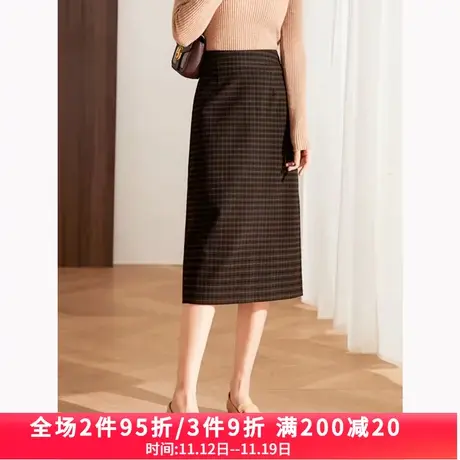 娅丽达仿毛呢半身裙女2023新款秋季复古高腰直筒后开叉咖色格子裙商品大图