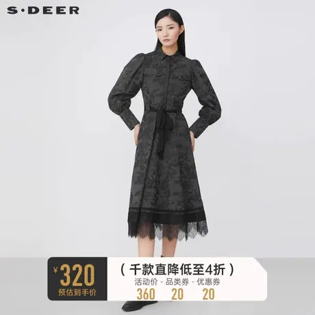 sdeer圣迪奥女装翻领收腰植物印花拉链蕾丝衬衫连衣裙S21461202图片