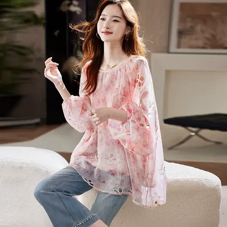 宝诗黎灯笼袖镂空印花雪纺衫2025春季洋气减龄宽松大码休闲衬衣女商品大图