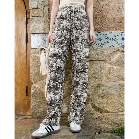 a02水墨新中式印花设计感直筒裤夏季个性高腰百搭女式休闲裤商品大图