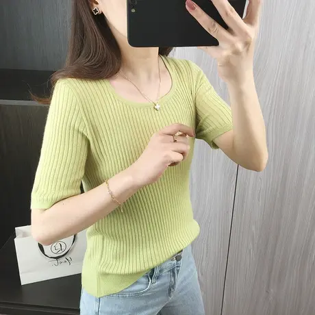 冰丝短袖t恤女装夏季新款薄款针织衫小个子显高洋气修身短款上衣图片