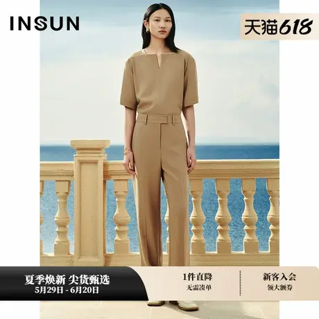 INSUN恩裳专选夏季褶裥醋酸混纺直筒休闲裤商品大图