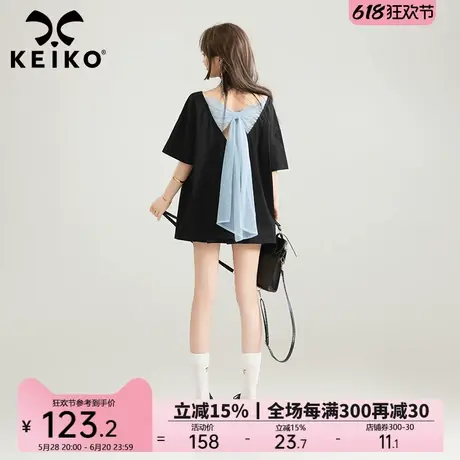 KEIKO卡通印花一字领斜肩短袖t恤夏季蝴蝶结飘带宽松显瘦别致上衣图片