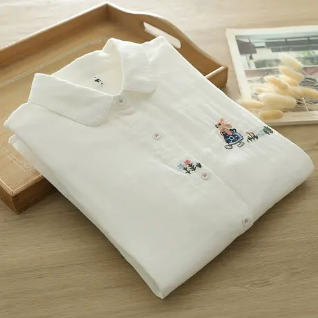 文艺小清新学院风兔子刺绣双层纱纯棉长袖衬衫女宽松百搭叠穿上衣图片