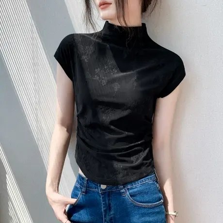半高领无袖T恤女2025秋季新款修身新中式提花国风包袖内搭打底衫图片
