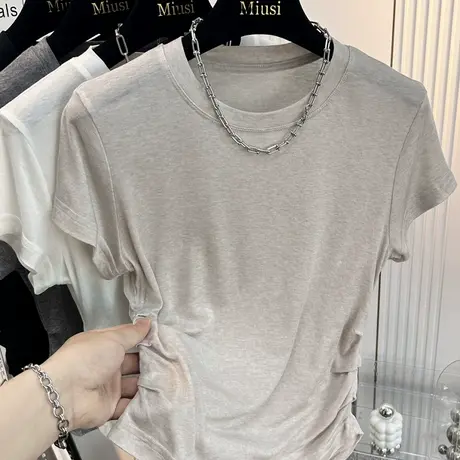 独特超好看收腰面膜t恤女显瘦短款正肩莱赛尔天丝羊毛短袖上衣夏商品大图