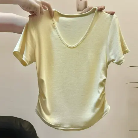 V领正肩短款短袖T恤女夏季韩版修身打底衫内搭简约褶皱收腰上衣潮图片