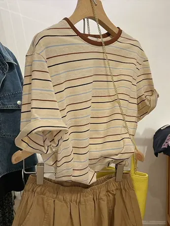 夏季胖mm显瘦条纹上衣女大码休闲风ins百搭短袖复古撞色减龄T恤潮商品大图