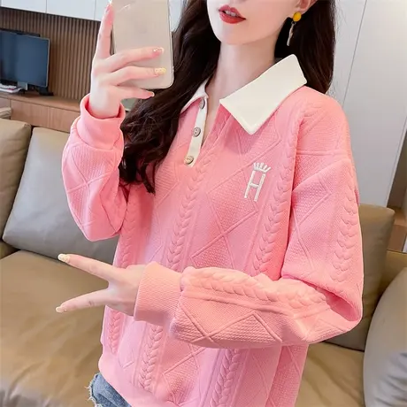 早秋翻领polo衫卫衣女春秋韩版宽松大码薄款小个子假两件上衣外套图片