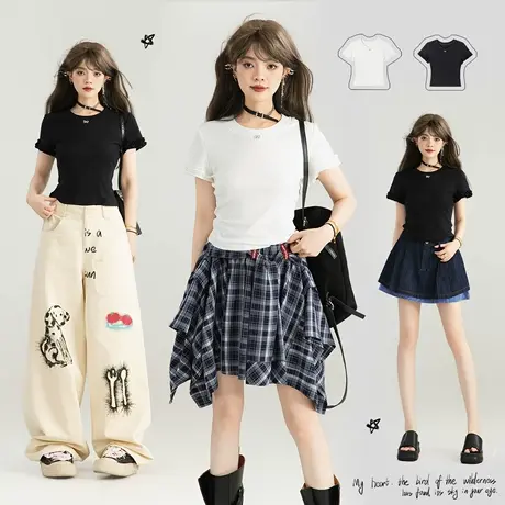 KEIKO 独特漂亮花边短袖正肩T恤女25夏季甜辣妹修身显瘦短款上衣图片