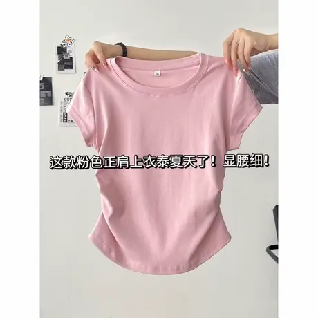 辣妹甜飒风短袖T恤女夏季韩版修身显瘦短款褶皱收腰半袖上衣ins潮商品大图