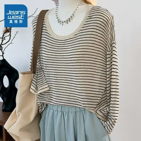 XB真维斯女装 2025夏季新款韩式怀旧风条纹时尚日常休闲长袖上衣图片