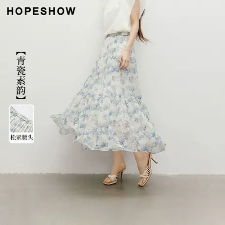 红袖2025秋季新款女装【青瓷素韵】雪纺印花拼接松紧腰A字半裙商品大图