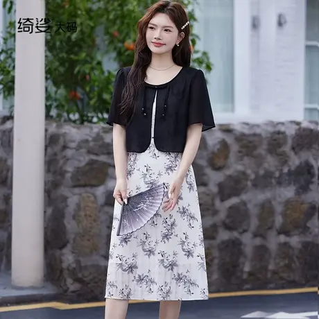 夏装新款气质收腰遮肉显瘦A字短袖新中式裙子假两件碎花连衣裙图片