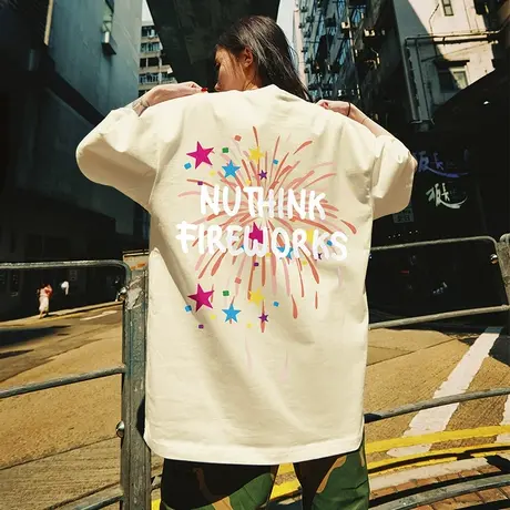 Nuthink美式宽松5分袖趣味烟花男t恤短袖潮牌夏季加肥加大半袖潮图片