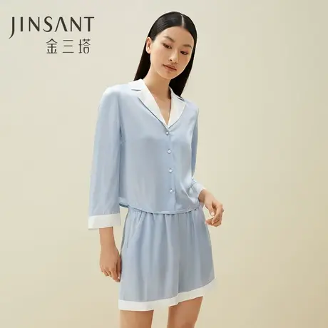 珍珠扣】100%桑蚕丝时尚撞色可外穿真丝家居服睡衣套装女金三塔商品大图