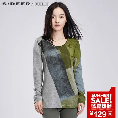 sdeer圣迪奥秋装内敛晕染抽象印花长袖灰调T恤打底衫女S16180241图片