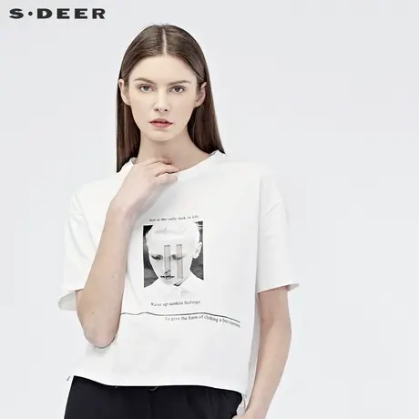 sdeer圣迪奥2019秋女休闲圆领字母开衩下摆短袖T恤S19160102图片