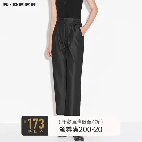 sdeer圣迪奥女装春秋装休闲松紧拼接插袋直筒黑色长裤S21380814图片