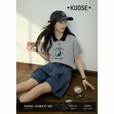 阔色美式兔子印花短袖纯棉T恤女2025夏季新款灰色polo领短款上衣图片