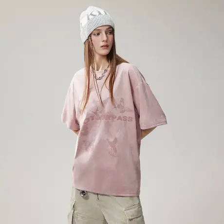 潮牌麂皮绒蝴蝶短袖t恤女夏季新款激光印花半袖宽松oversize上衣图片