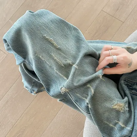 复古阔腿牛仔裤女2025新款美式高腰宽松显瘦设计感抓痕破洞拖地裤商品大图