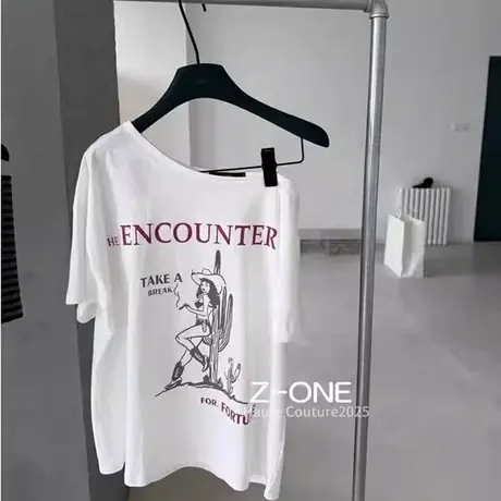 韩国东大门夏季新款美式复古休闲百搭字母宽松斜肩短袖T恤上衣女商品大图